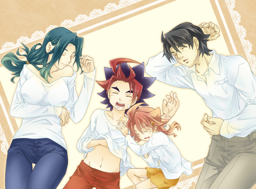 2boys, 2girls, ahoge, black_hair, blue_eyes, blue_hair, breasts, brother_and_sister, closed_eyes, eyebrows, family, father_and_daughter, father_and_son, future_card_buddyfight, highres, hitsugi_kaname, large_breasts, long_hair, mikado_gaou, mikado_hanako, mikado_suzumi, mikado_takashi, mother_and_daughter, mother_and_son, multicolored_hair, multiple_boys, multiple_girls, navel, redhead, shirt, shirt_lift, short_hair, siblings, sleeping