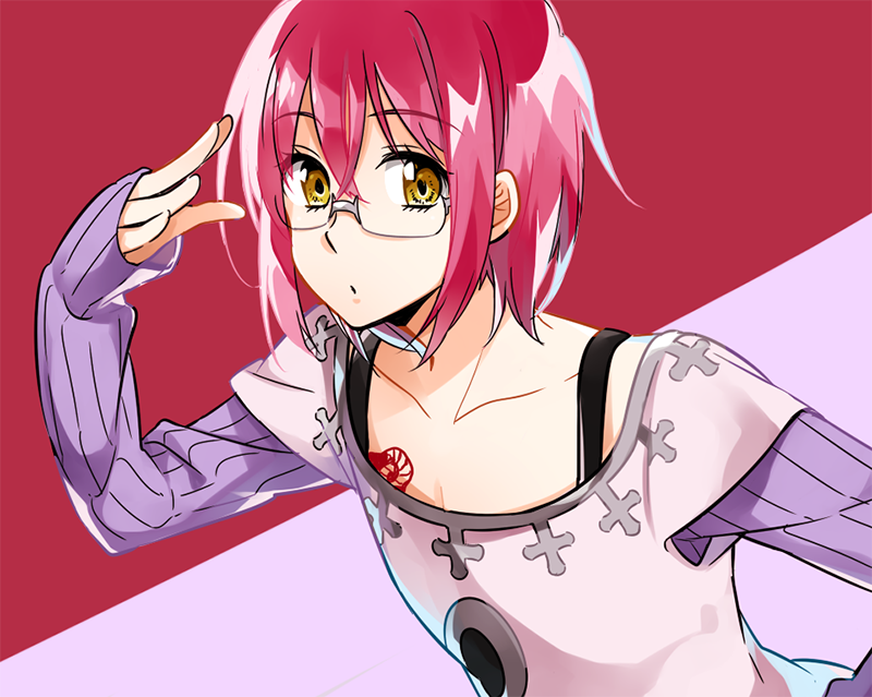 1boy, androgynous, collarbone, glasses, gowther, long_sleeves, nanatsu_no_taizai, pink_hair