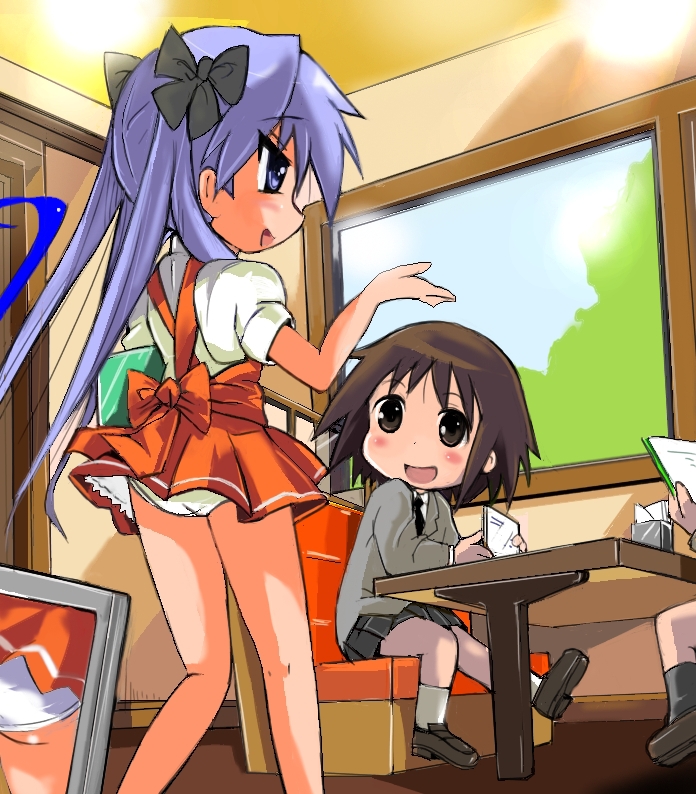 3girls, anna_miller, blue_eyes, brown_hair, crossover, from_behind, hiiragi_kagami, kill_me_baby