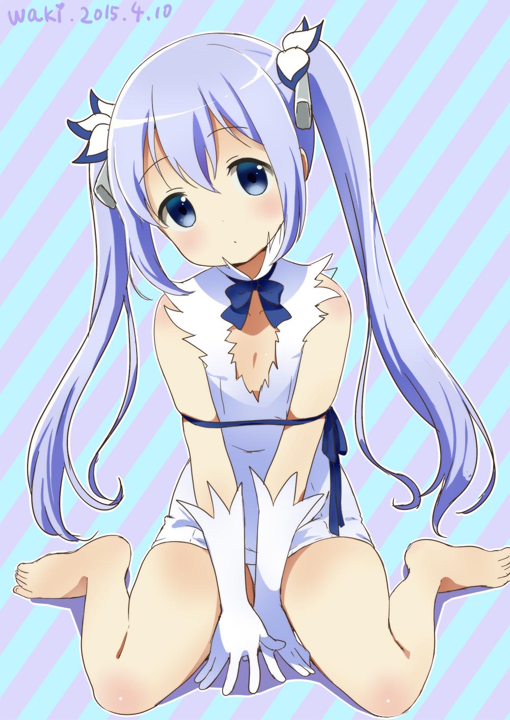 1girl, alternate_hairstyle, barefoot, blue_eyes, blue_hair, cosplay, covering, covering_crotch