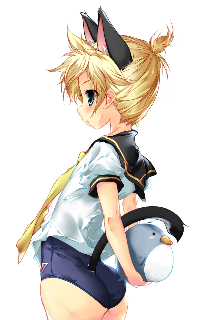 animal_ears, aqua_eyes, ass, blonde_hair, cat_ears, cat_tail, crossdressing, kagamine_len