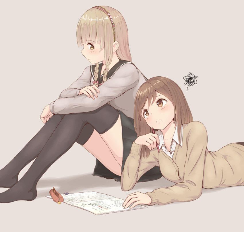 2girls, bangs, black_legwear, blonde_hair, bow, braid, brown_eyes, brown_hair