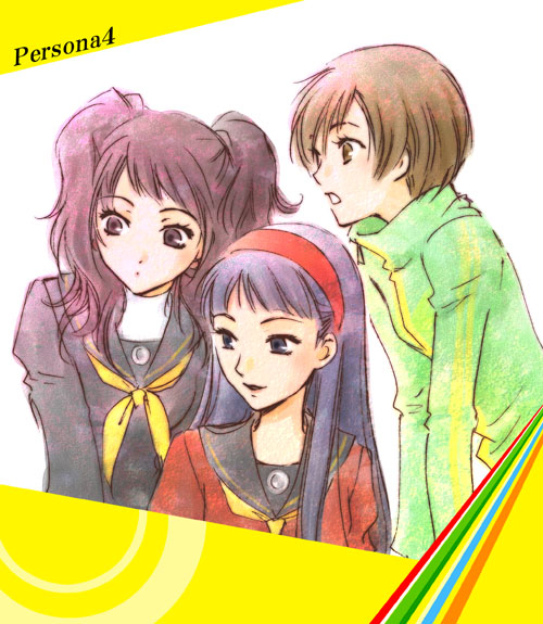 3girls, amagi_yukiko, bad_id, kujikawa_rise, multiple_girls, persona, persona_4, satonaka_chie, school_uniform, tora_tsuki
