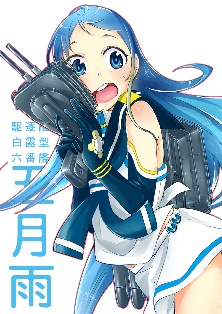 1girl, bare_shoulders, blue_eyes, blue_gloves, blue_hair, character_name, elbow_gloves, gloves