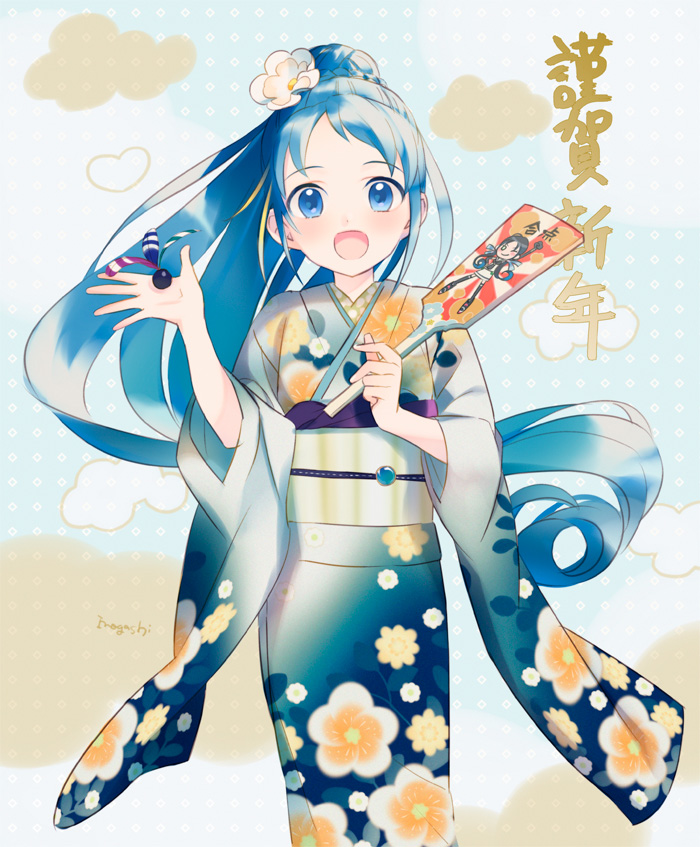 1girl, alternate_costume, alternate_hairstyle, blue_hair, blush, floral_print, flower, gradient_hair, hagoita, hair_bun, hair_flower, hair_ornament, hanetsuki, inogashi, japanese_clothes, kantai_collection, kimono, long_ponytail, looking_at_viewer, multicolored_hair, obi, open_mouth, paddle, samidare_(kantai_collection), sash, solo, suzukaze_(kantai_collection)