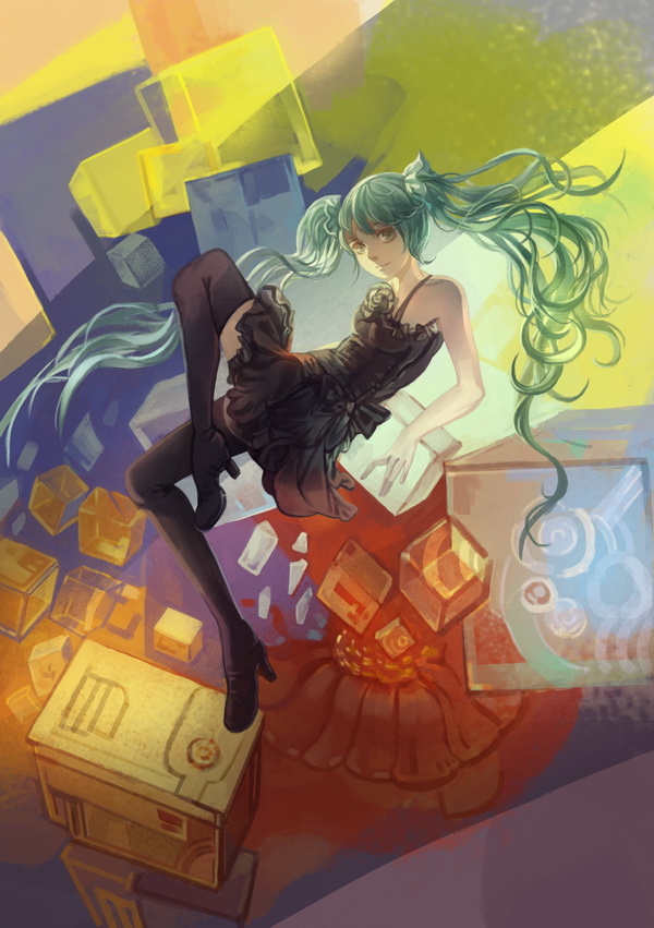 1girl, abstract_background, afra, alternate_costume, aqua_hair, bare_shoulders, black_dress, black_legwear