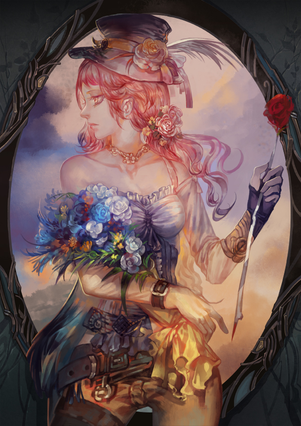 1girl, afra, bare_shoulders, belt, bouquet, bridal_gauntlets, collarbone, cowboy_shot