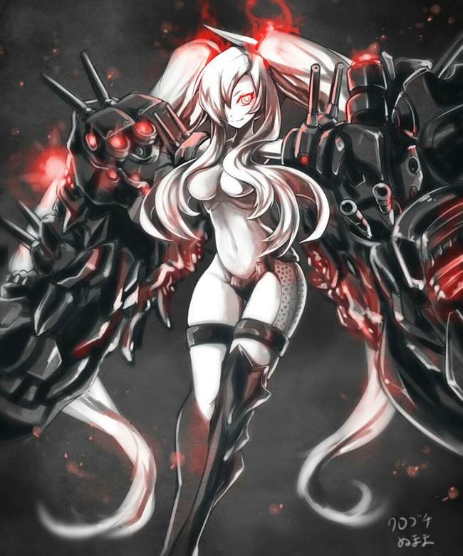 1girl, glowing, glowing_eye, hair_over_one_eye, kantai_collection, kurobuchi_numama, long_hair, red_eyes
