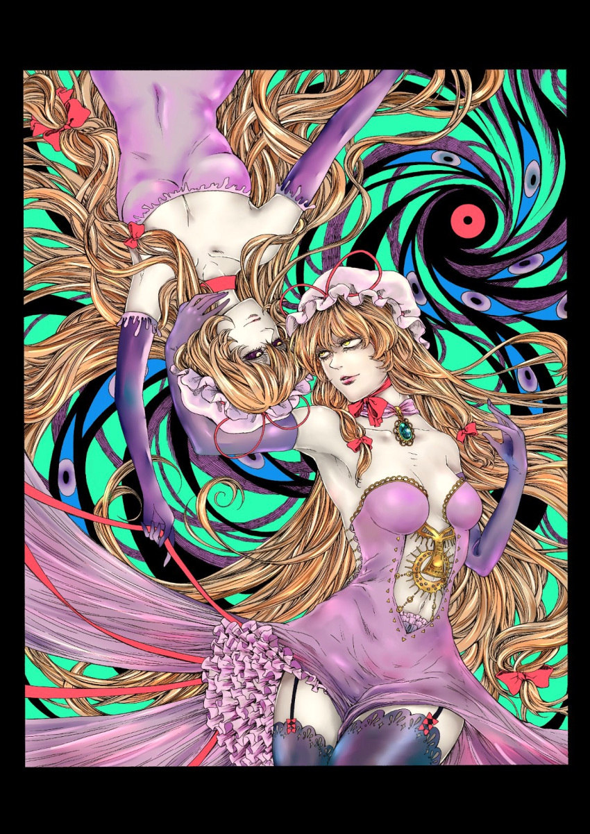 2girls, absurdly_long_hair, adapted_costume, alternate_costume, arm_up, armpits, black_legwear, blonde_hair