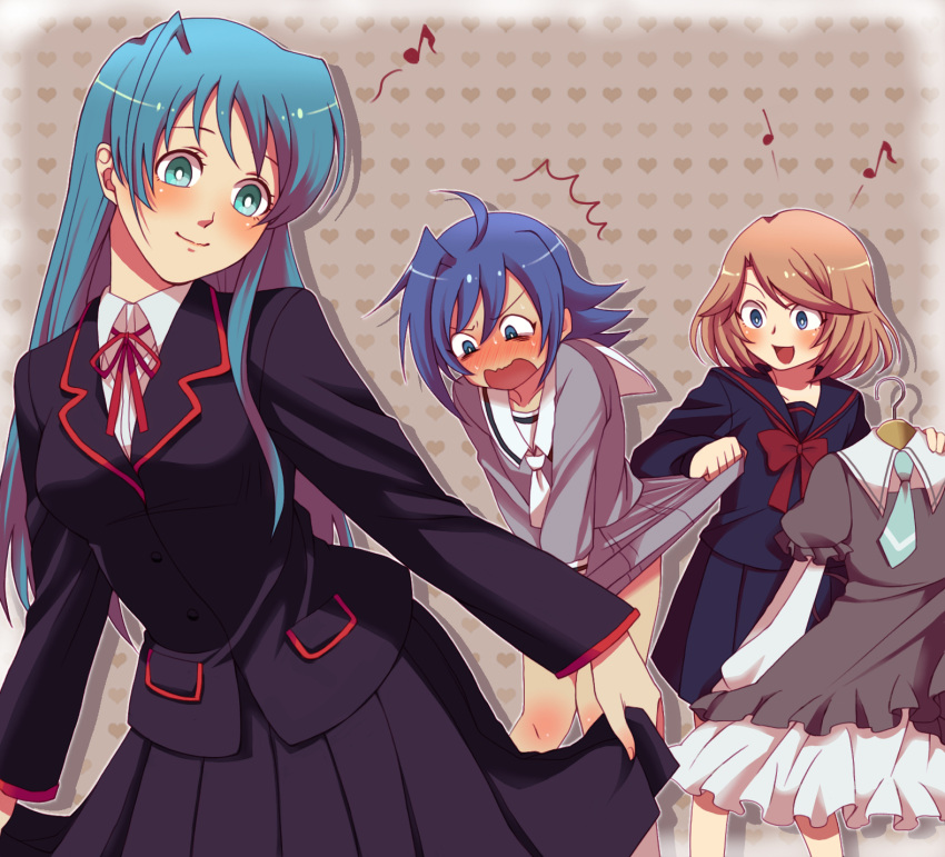 /\/\/\, 1boy, 2girls, ahoge, blue_hair, blush, cardfight!!_vanguard, chorobi