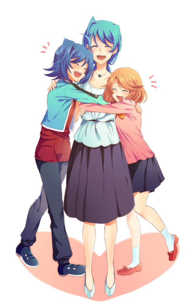 /\/\/\, 1boy, 2girls, ahoge, apron, blush, cardfight!!_vanguard, closed_eyes