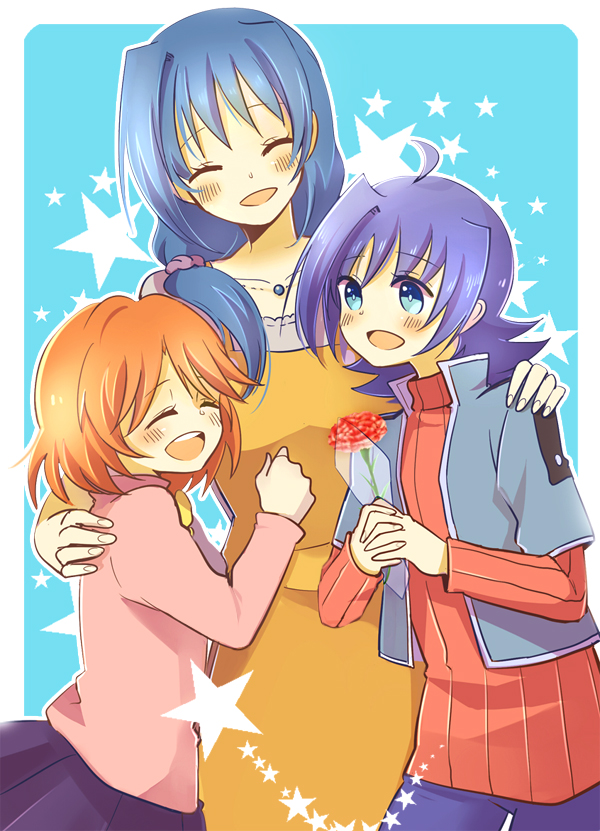 1boy, 2girls, ahoge, bad_id, blue_eyes, blush, closed_eyes, family