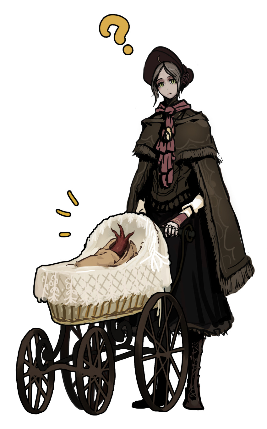1girl, ?, ahoge, bangs, bloodborne, bonnet, boots, cloak