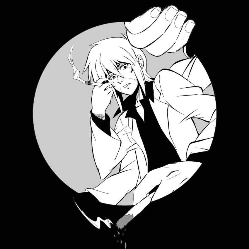 1boy, cigarette, extra_arms, highres, hitomi_sensei_no_hokenshitsu, looking_at_viewer, male_focus, monochrome