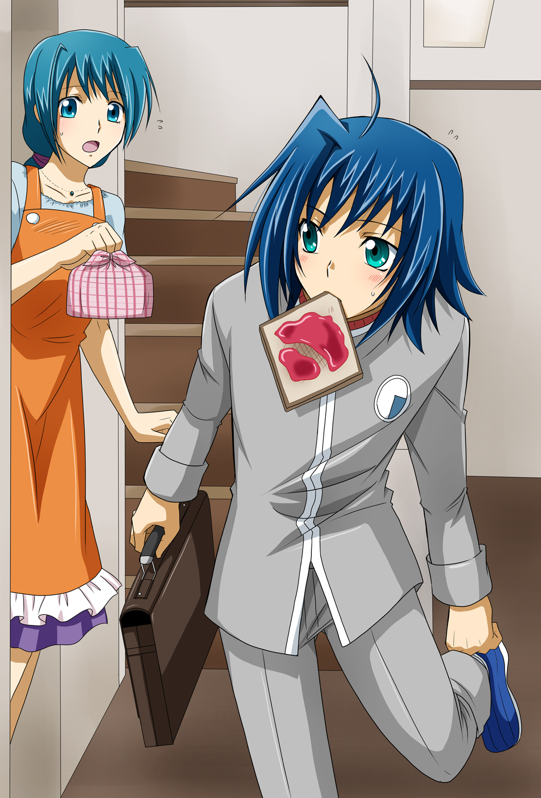 1boy, 1girl, ahoge, apron, bag, blouse, blue_eyes, blue_hair