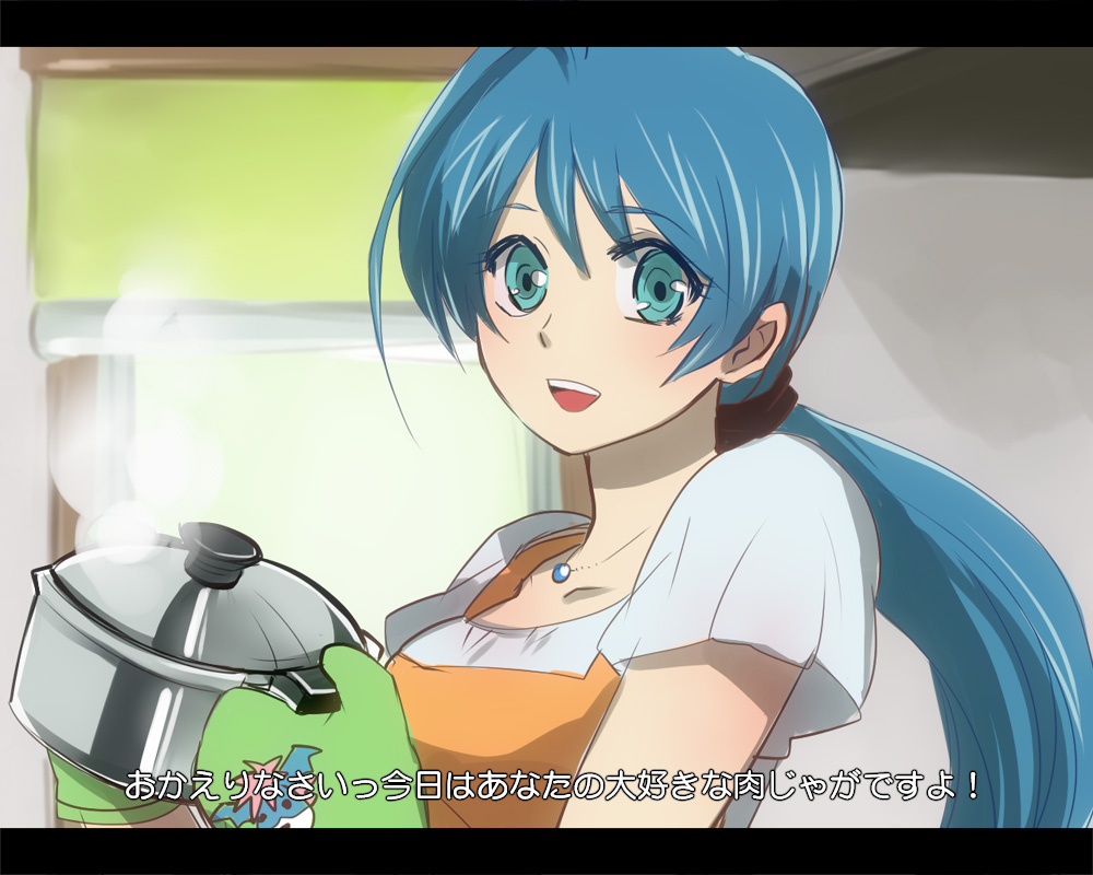 1girl, :d, ahoge, apron, aqua_eyes, bangs, blue_hair, cardfight!!_vanguard