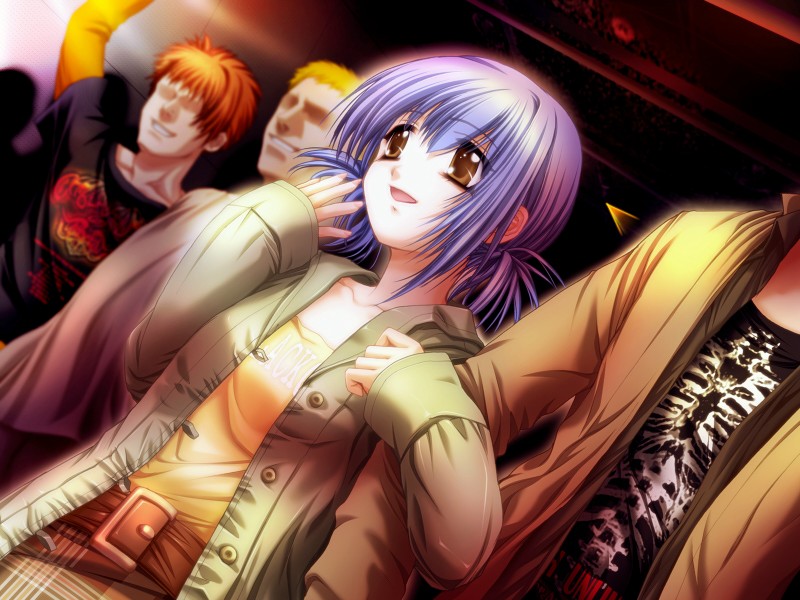 belt, blonde_hair, blue_hair, brown_eyes, dutch_angle, faceless, faceless_male, game_cg