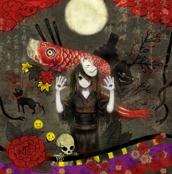cat, flower, fox_mask, full_moon, green_hair, hatsune_miku, japanese_clothes, kimono, kingyo428, long_hair, mask, moon, musunde_hiraite_rasetsu_to_mukuro_(vocaloid), night, skeleton, smile, snake, twintails, vocaloid, yukata