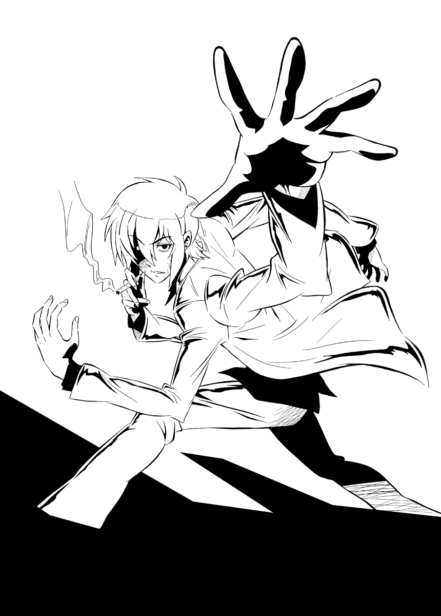 1boy, cigarette, coat, extra_arms, highres, hitomi_sensei_no_hokenshitsu, male_focus, monochrome, s-now, smoking, solo, tatara_kenshiro