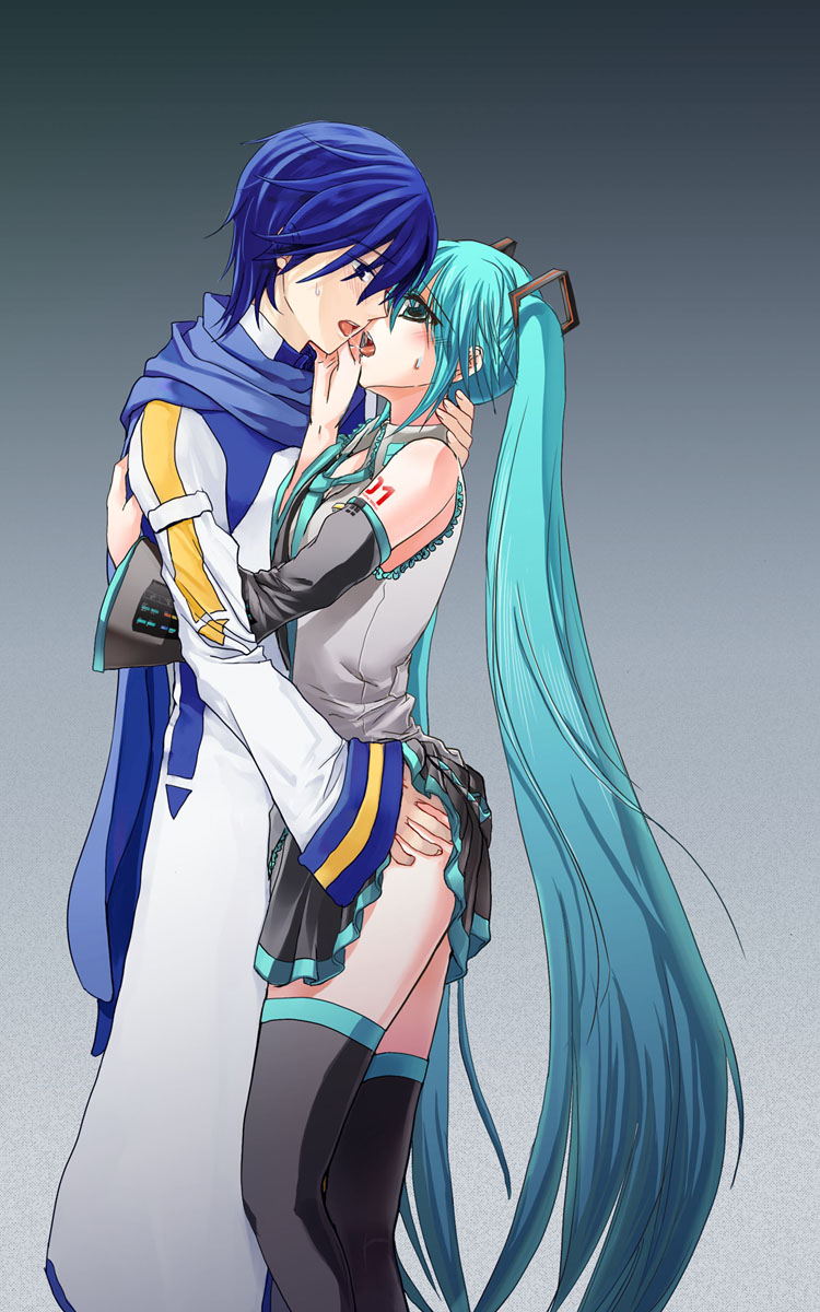 1girl, aqua_eyes, aqua_hair, ass, ass_grab, blue_eyes, blue_hair, blush, couple, detached_sleeves, hatsune_miku, highres, kaito, kiss, long_hair, necktie, saliva, saliva_trail, salovesy, scarf, simple_background, skirt, skirt_lift, sweat, thigh-highs, thighhighs, twintails, very_long_hair, vocaloid, zettai_ryouiki