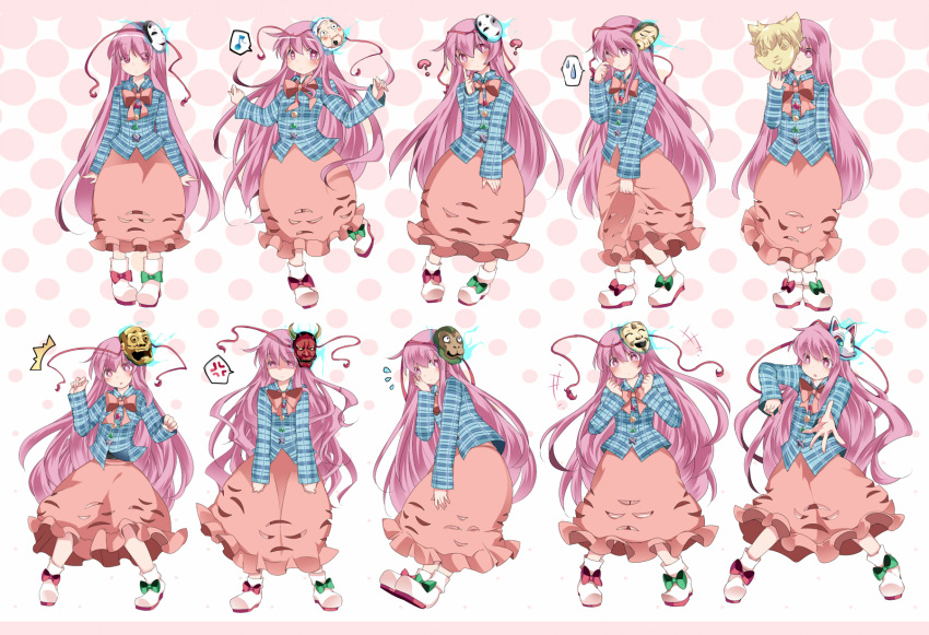 +++, 1girl, ?, anger_vein, blush, bow, bubble_skirt, expressionless, fox_mask, hammer_(sunset_beach), hannya, hata_no_kokoro, highres, long_hair, long_skirt, long_sleeves, looking_at_viewer, mask, monkey_mask, musical_note, new_mask_of_hope, noh_mask, oni_mask, open_mouth, pink_eyes, pink_hair, plaid, plaid_shirt, shaded_face, shirt, skirt, skirt_hold, solo, spoken_anger_vein, spoken_musical_note, spoken_sweatdrop, sweatdrop, touhou, very_long_hair
