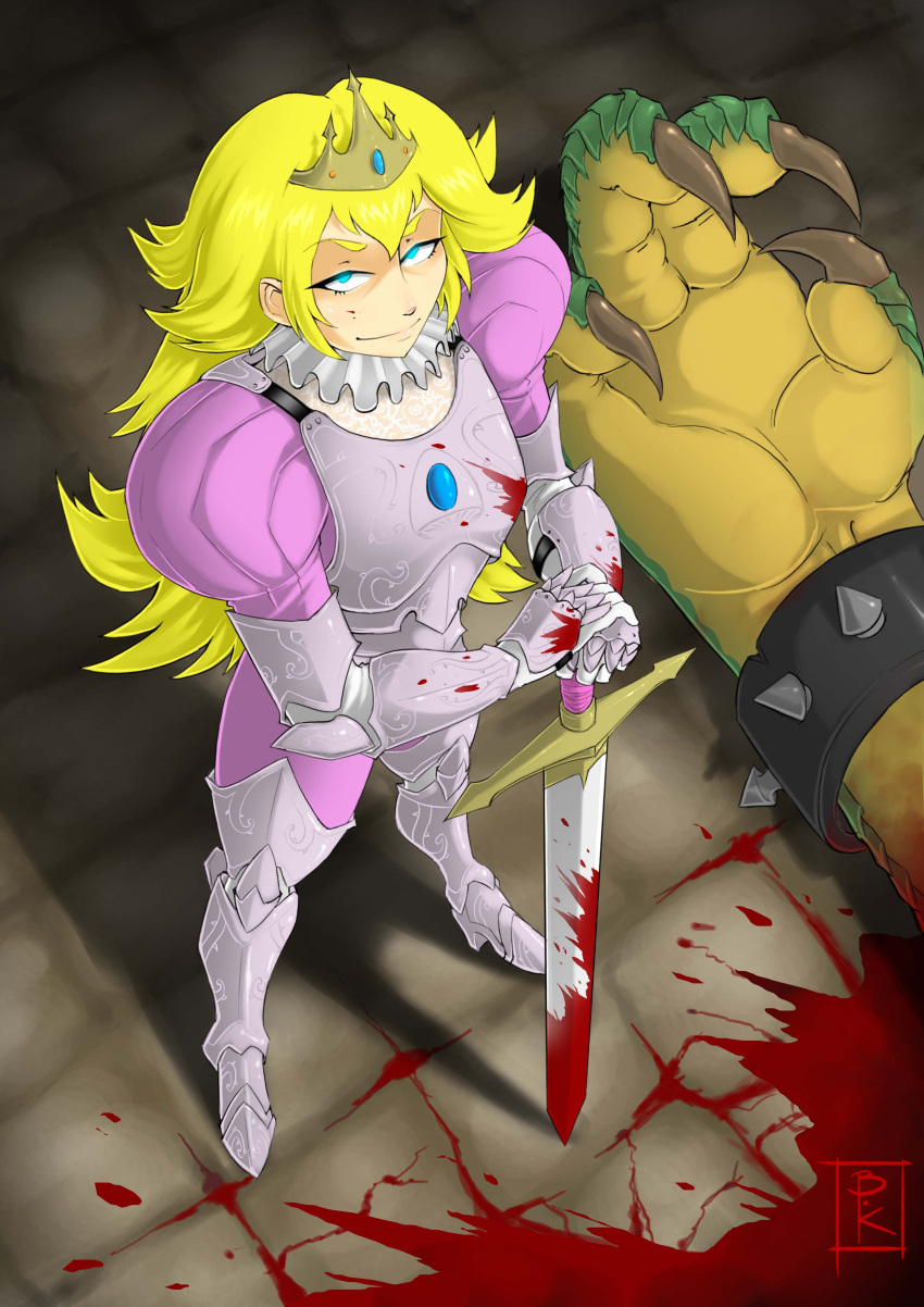 1girl, absurdres, adapted_costume, after_battle, armor, blonde_hair, blood, blue_eyes, blunt-katana, bowser, claws, commentary_request, from_above, glowing, glowing_eyes, highres, long_hair, looking_up, super_mario_bros., monster, princess_peach, smile, solo_focus, standing, sword, tagme, tiara, weapon