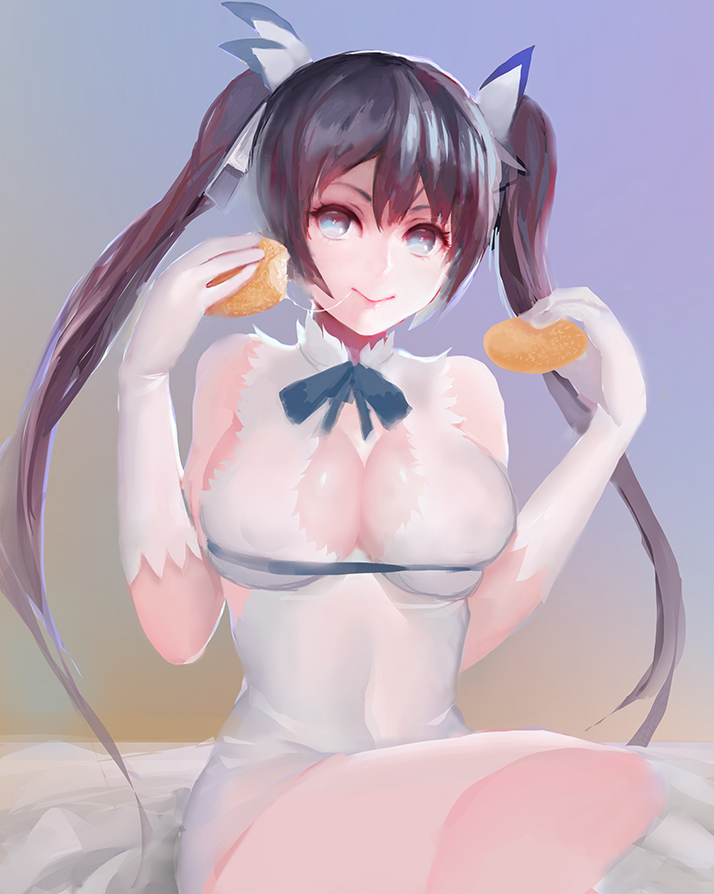 1girl, arm_ribbon, black_hair, blue_eyes, blush, breasts, cleavage, cleavage_cutout