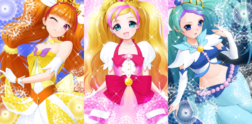 3girls, ;), amane_satsuki, amanogawa_kirara, aqua_eyes, bare_shoulders, blonde_hair, blue_eyes