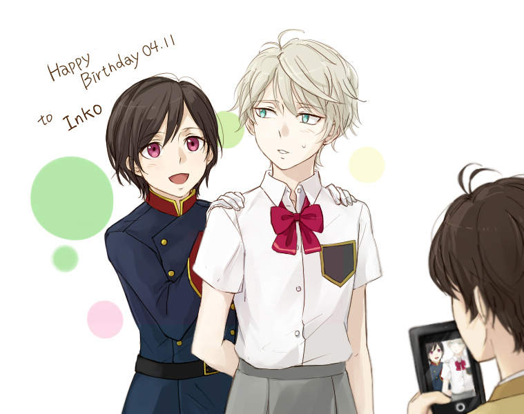 1girl, 2boys, aldnoah.zero, amifumi_inko, amifumi_inko_(cosplay), black_hair, cellphone, cosplay