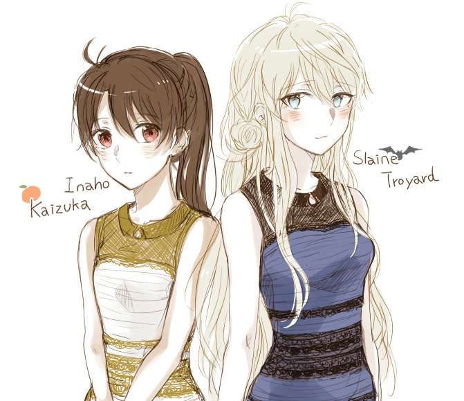 2girls, aldnoah.zero, brown_hair, dress, genderswap, green_eyes, kaizuka_inaho, meme