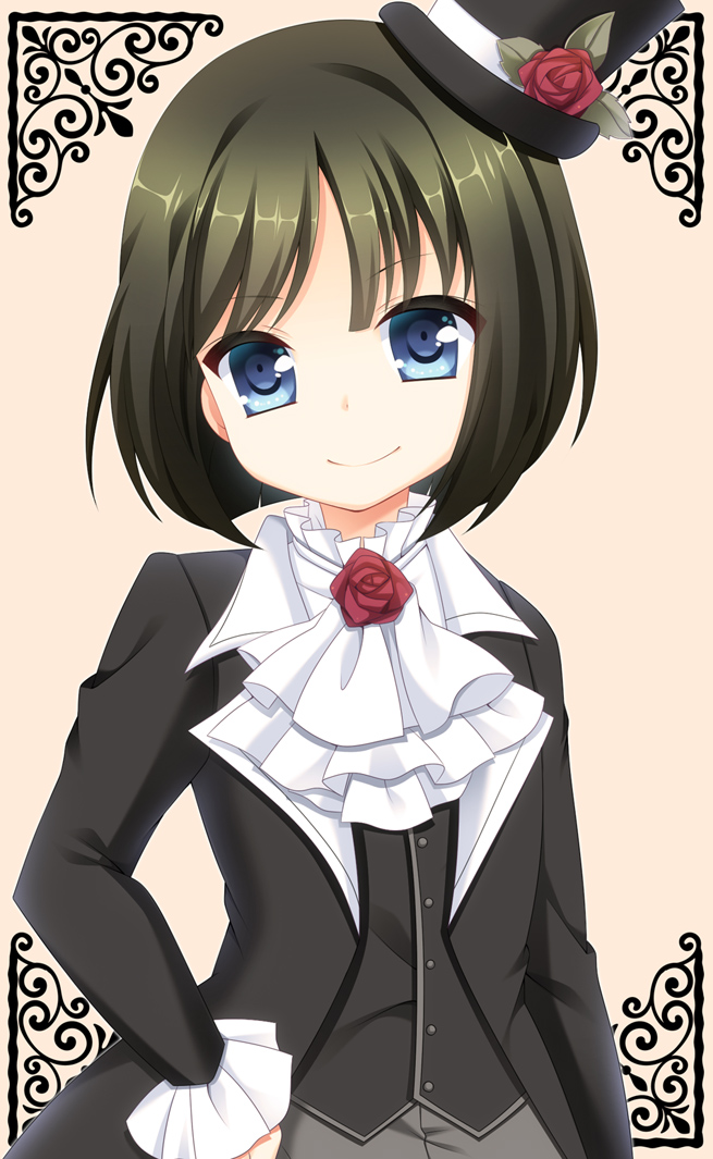 1boy, black_hair, blue_eyes, blush, bob_cut, formal, hat, idolmaster