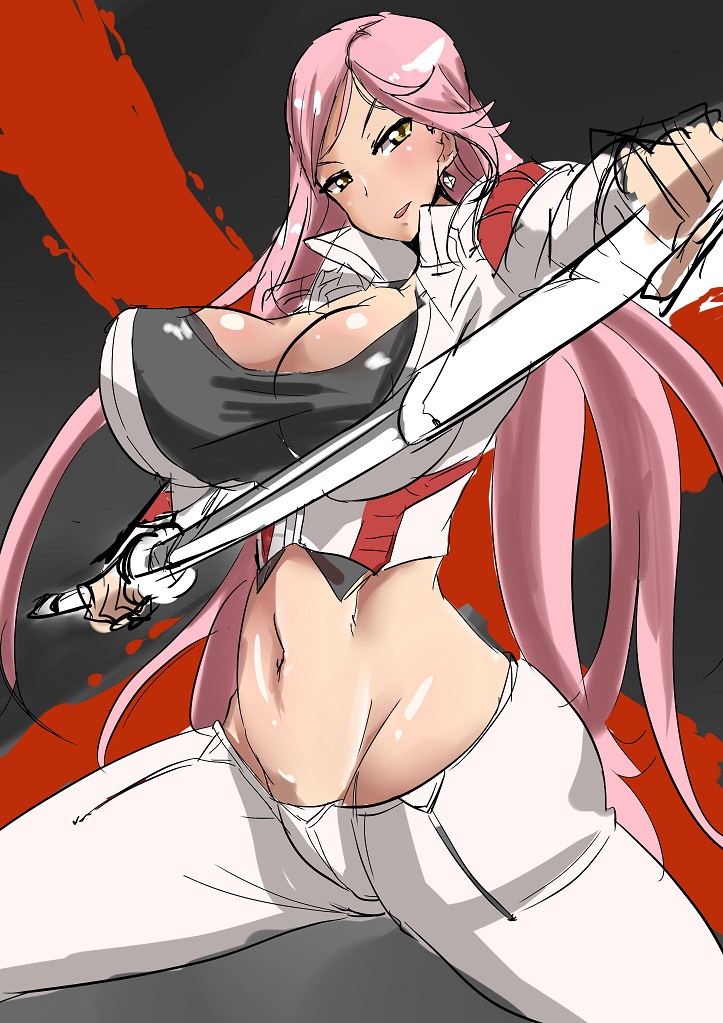 1girl, ayuayu_(shouyu_no_sato), breasts, cleavage, huge_breasts, katana, long_hair, looking_at_viewer, mound_of_venus, navel, pink_hair, sagiri_yuuko, smile, solo, sword, triage_x, very_long_hair, weapon, yellow_eyes