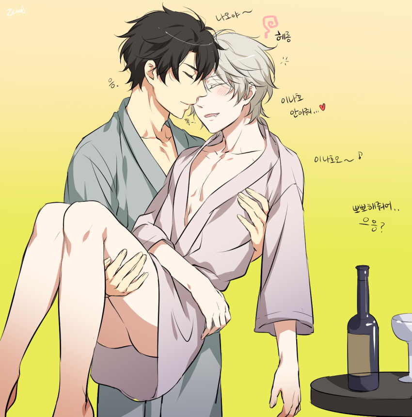 2boys, aldnoah.zero, bathrobe, bottle, brown_hair, carrying, drunk, highres