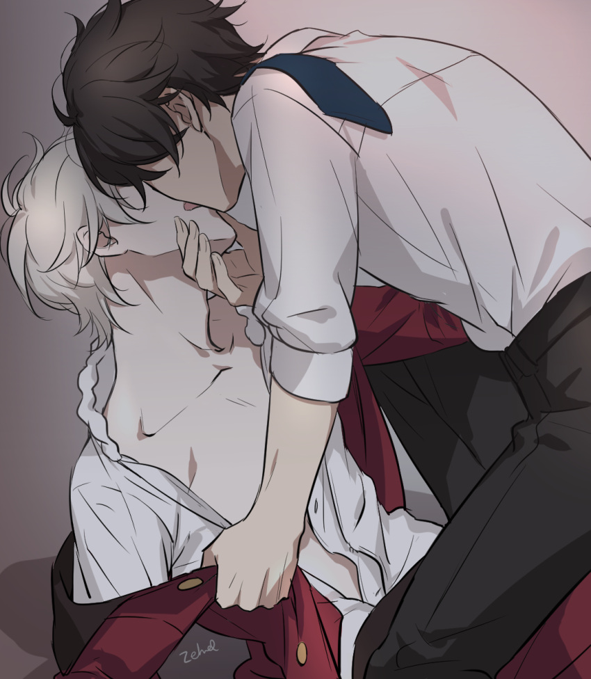 2boys, aldnoah.zero, brown_hair, highres, incipient_kiss, kaizuka_inaho, multiple_boys, silver_hair