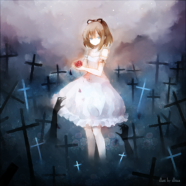 blue_eyes, brown_hair, cross, dhiea, dress, flower, frills, graveyard, original, reimei_lorelei, rose, short_hair, shoujo_byou, white_dress