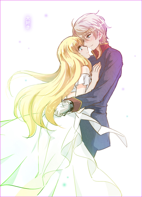 1boy, 1girl, aldnoah.zero, asseylum_vers_allusia, blonde_hair, dress, hug, long_hair