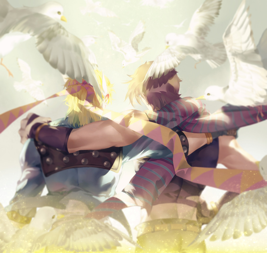 2boys, arm_around_shoulder, bird, blonde_hair, brown_hair, caesar_anthonio_zeppeli, dama_(sindygao), from_behind