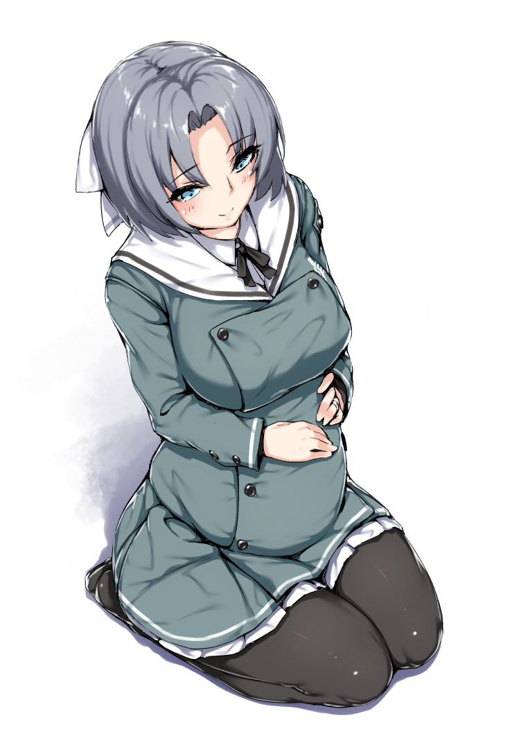 1girl, black_hair, blue_eyes, blush, bow, breasts, hair_bow, hands_on_stomach, jewelry, large_breasts, light_smile, neo-masterpeacer, pantyhose, pregnant, ring, school_uniform, seiza, senran_kagura_(series), senran_kagura_shinovi_versus, short_hair, simple_background, sitting, solo, wedding_band, white_background, yumi_(senran_kagura)