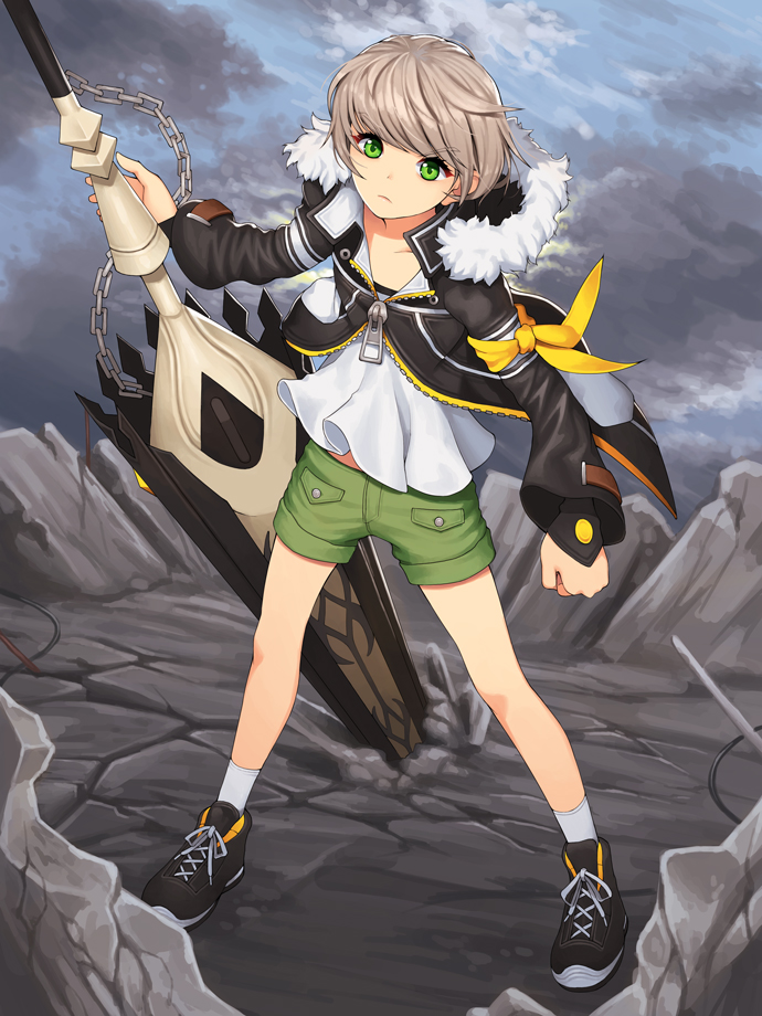 aaa, brown_hair, green_eyes, hooded_jacket, shorts, solo, sword, weapon