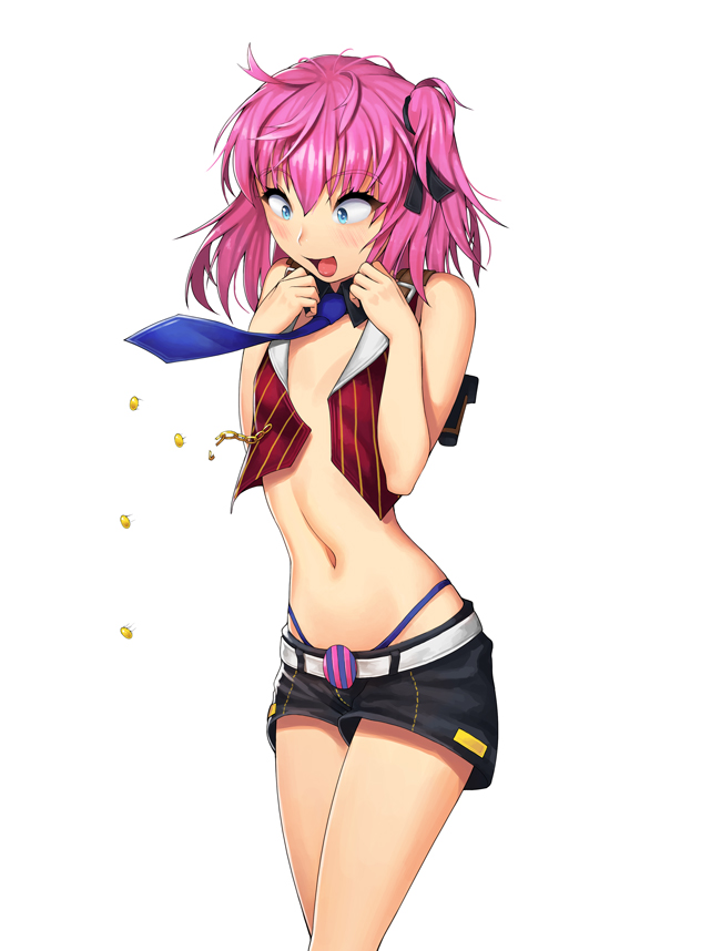 1girl, aaa, blue_eyes, flat_chest, midriff, necktie, open_clothes, open_shirt, pink_hair, shirt, short_hair, shorts, solo, unzipped, wardrobe_malfunction