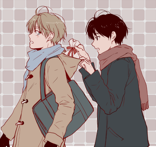 2boys, aldnoah.zero, blonde_hair, brown_hair, kaizuka_inaho, multiple_boys, scarf, sinba_(ying-hua), slaine_troyard, winter_clothes