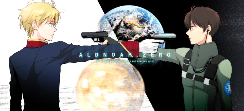 2boys, aldnoah.zero, blonde_hair, brown_hair, earth, green_eyes, gun, kaizuka_inaho