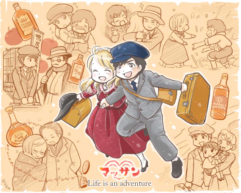 age_comparison, alcohol, blonde_hair, bottle, brown_hair, closed_eyes, family, father_and_daughter, hat, holding_hands, husband_and_wife, kameyama_ellie, kameyama_emma, kameyama_masaharu, kamoi_kinjirou, kikka_(kikkatenten), long_hair, massan_(dorama), mother_and_daughter, short_hair, smile, whiskey