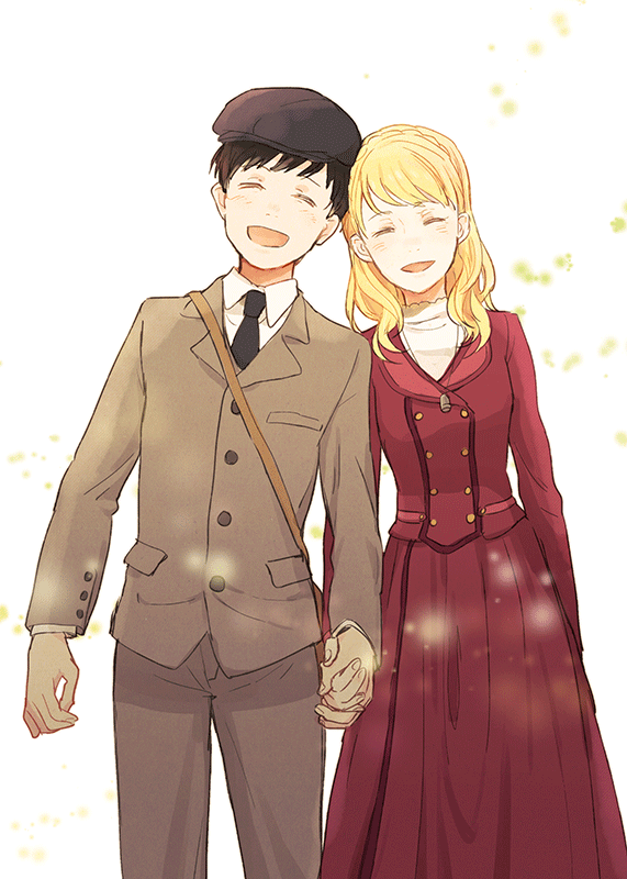 1boy, 1girl, blonde_hair, brown_hair, closed_eyes, couple, hetero, holding_hands