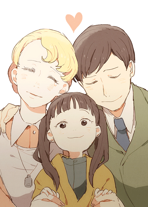 1boy, 2girls, blonde_hair, brown_hair, family, father_and_daughter, husband_and_wife, kameyama_ellie