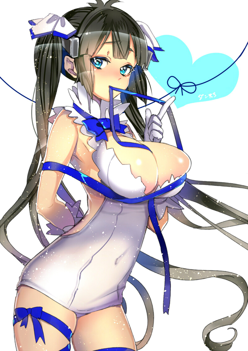 1girl, arm_ribbon, black_hair, blue_eyes, breasts, cleavage, dress, dungeon_ni_deai_wo_motomeru_no_wa_machigatteiru_darou_ka