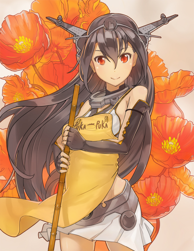 1girl, apron, bare_shoulders, black_gloves, black_hair, cowboy_shot, elbow_gloves, floral_background, flower, gloves, kantai_collection, long_hair, looking_at_viewer, nagato_(kantai_collection), pajant, pleated_skirt, puka_puka, red_eyes, skirt, smile, solo, white_skirt