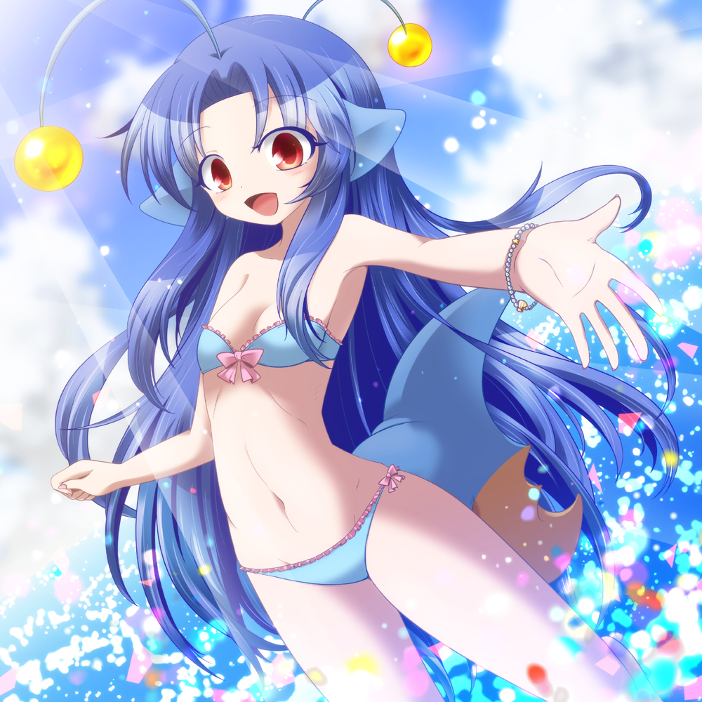 1girl, bikini, blue_hair, bracelet, clouds, hair_ornament, jewelry, lanturn
