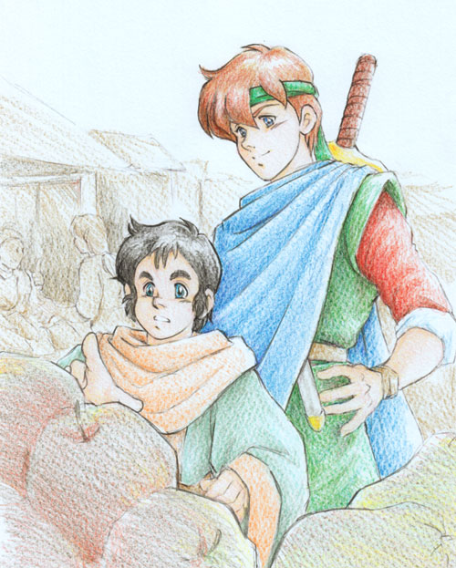 2boys, black_hair, blue_cape, blue_eyes, brown_hair, doriru_makkusu_tagami, food, fruit, headband, lowe_(shining_force), max_(shining_force), multiple_boys, shining_(series), shining_force_1, sword, weapon, wristband
