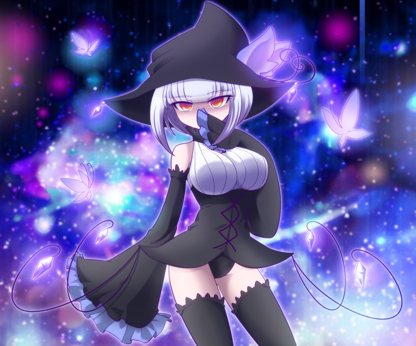1girl, black_legwear, butterfly, chandelure, detached_sleeves, hat, highres, personification, pokemon, red_eyes, shiratsuki, white_hair, witch_hat